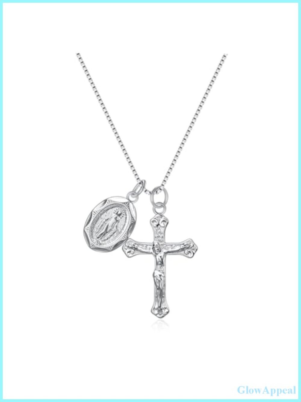 925 Sterling Silver Crucifix Cross & Miraculous Medal Pendant Necklace
